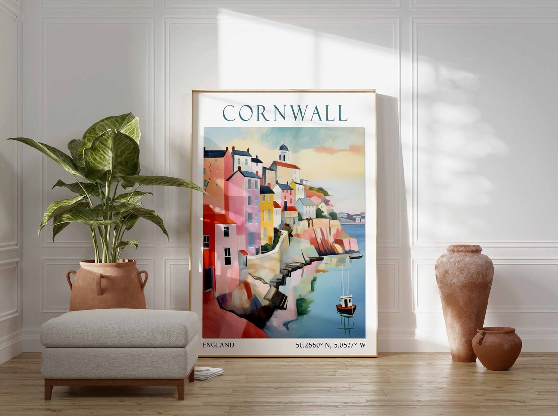 Cornwall Colorful Harbor Village Above Red Cliffs Poster Art - Image 2