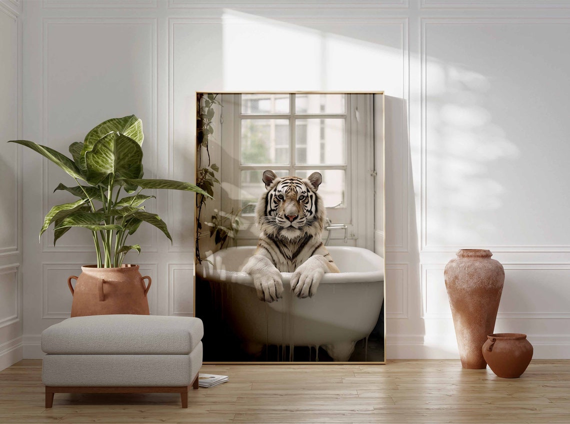 Relaxed White Tiger in a Bathtub Funny Bathroom Poster with Paws - Image 3