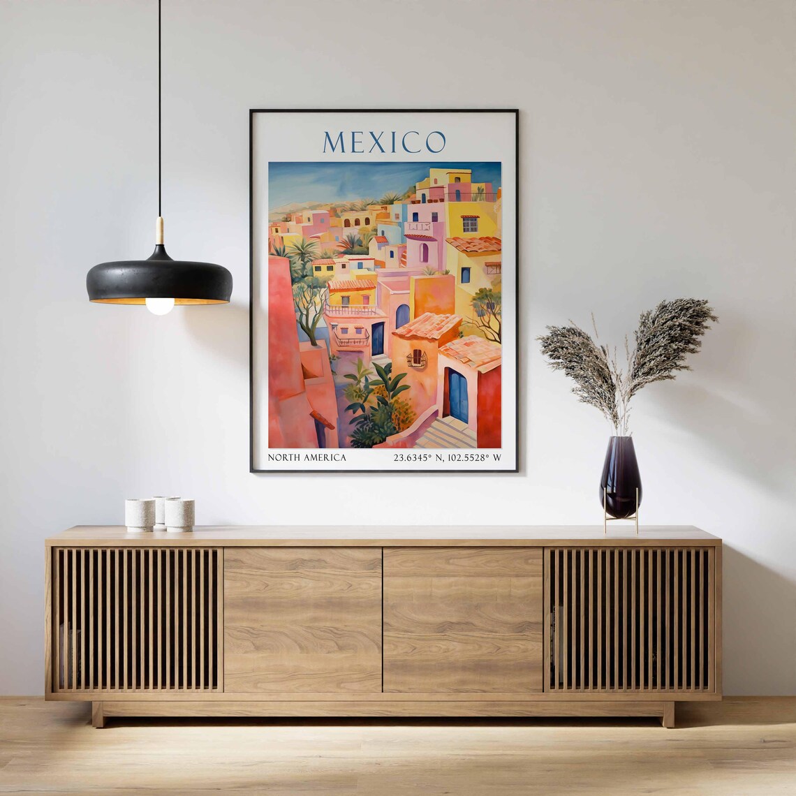 Mexico Colorful Colonial Hillside Village Watercolor Travel Poster - Image 2