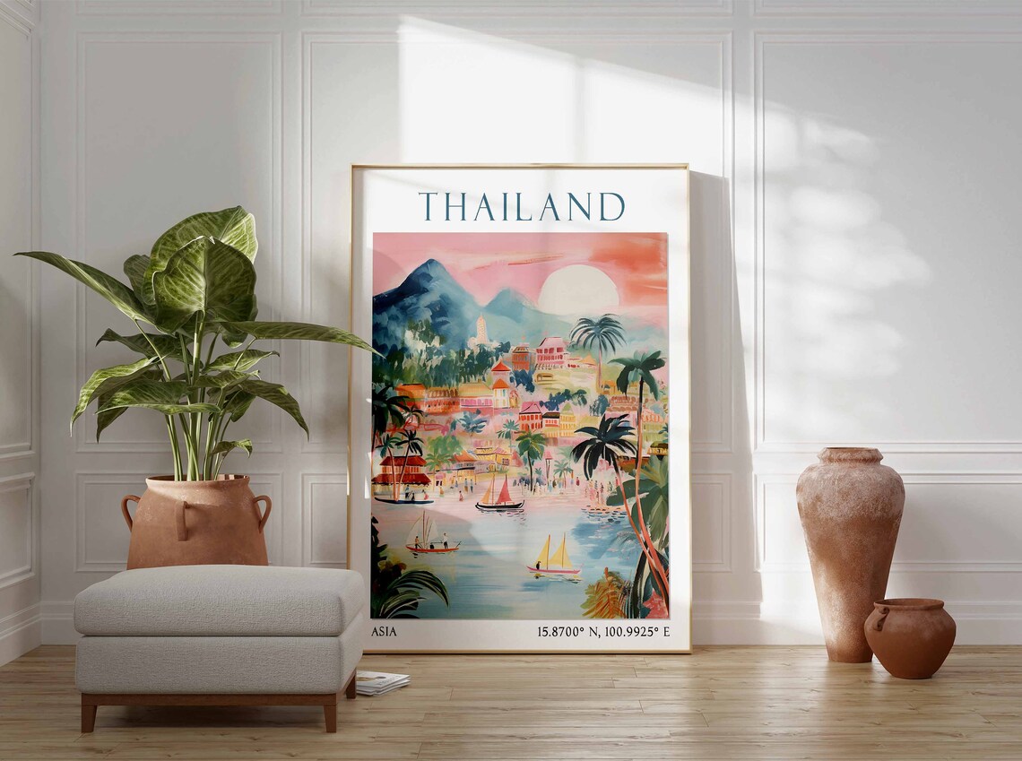 Thailand Sunset Harbor Sailboats Mountains Watercolor Travel Poster - Image 2