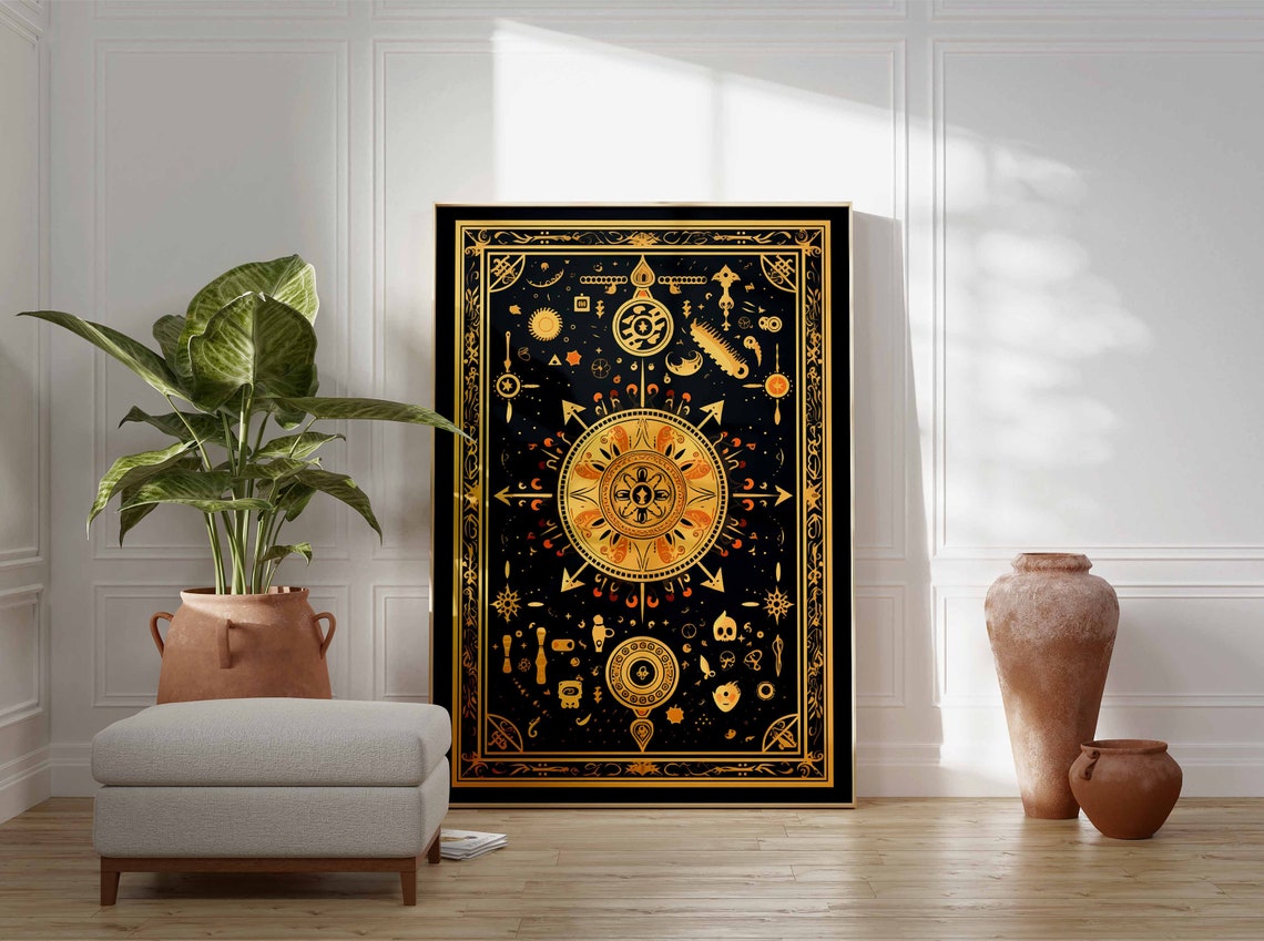 Black Gold Mystical Celestial Tarot Compass Rose Occult Art Poster - Image 3