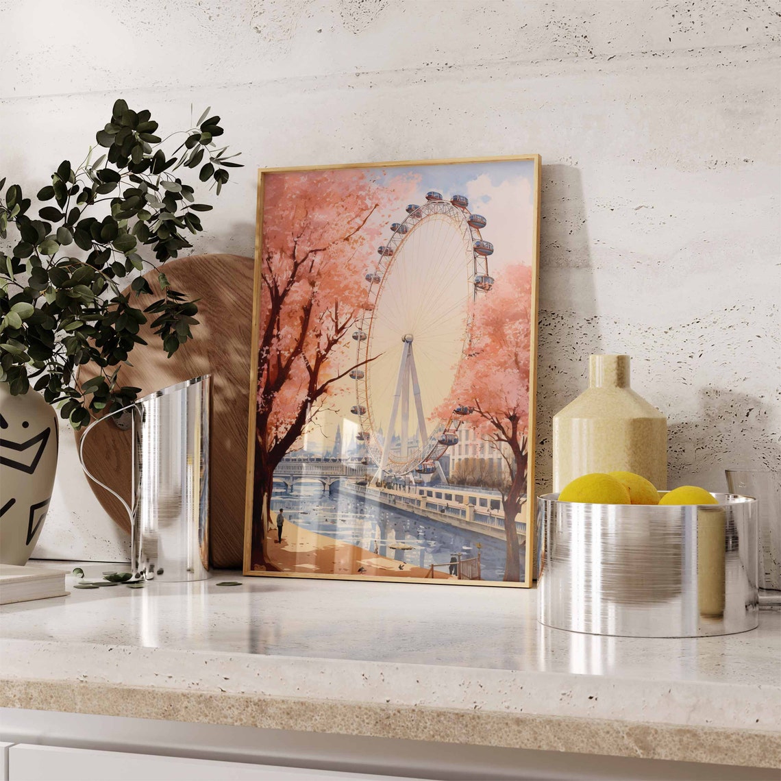 London Eye Cherry Blossom Spring Poster with Riverside Walkway - Image 2
