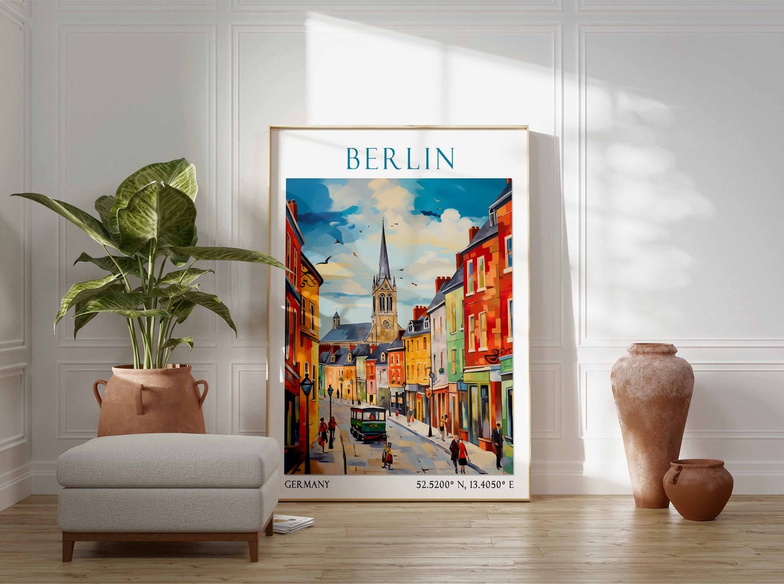 Berlin Street with Church Spire Tram and Colorful Buildings Poster - Image 2