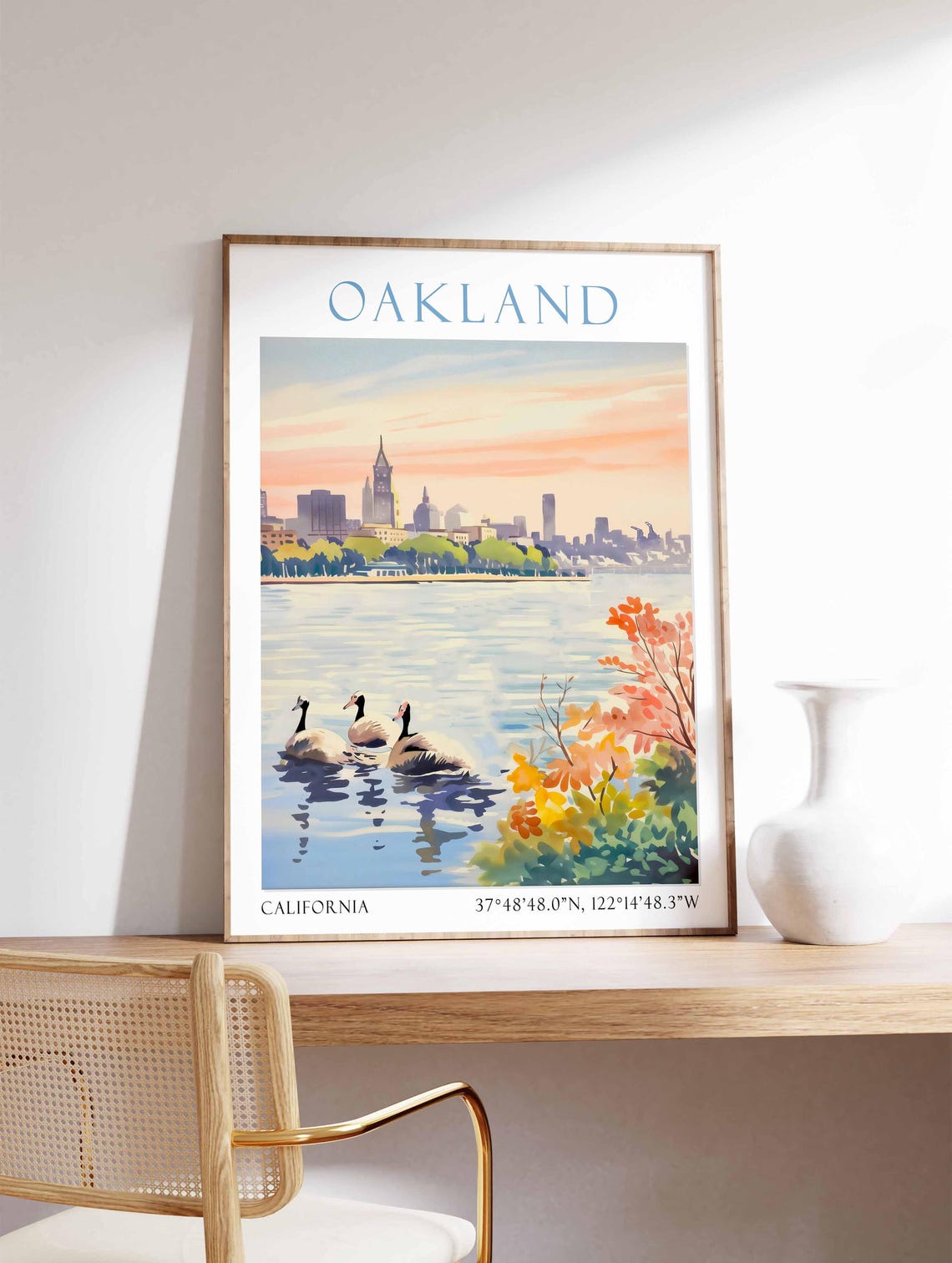 Oakland California Lake Merritt Sunset Watercolor Travel Poster - Image 4