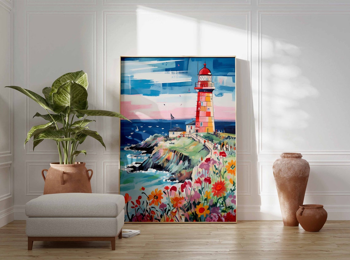Red Lighthouse on a Cliff with a Wildflower Foreground Poster - Image 3
