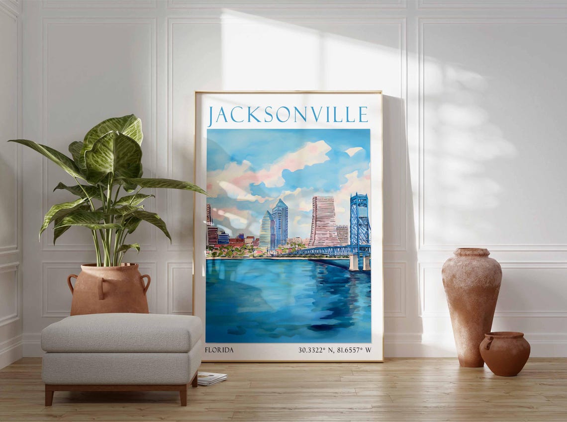 Jacksonville Florida Skyline Blue Bridge Over Water Travel Poster - Image 2