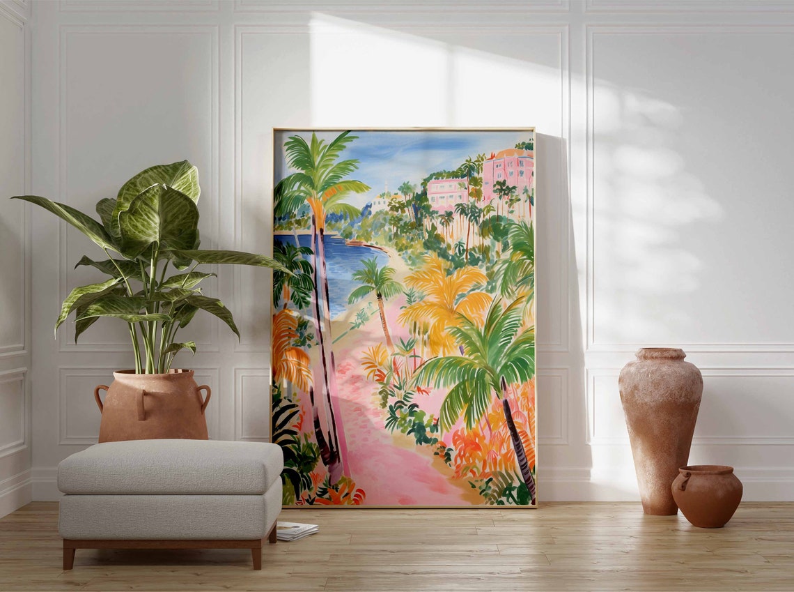 Tropical Garden Path Pink Bay Hillside Village Floral Poster - Image 3