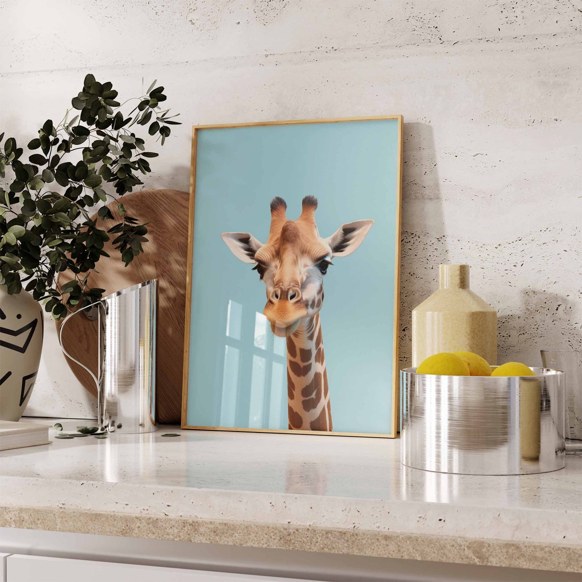 Baby Giraffe Portrait on Teal Background with Curious Eyes Poster - Image 2