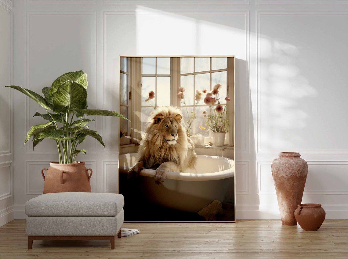 Regal Lion Lounging In A Sunlit Clawfoot Tub With Blooms Poster - Image 3
