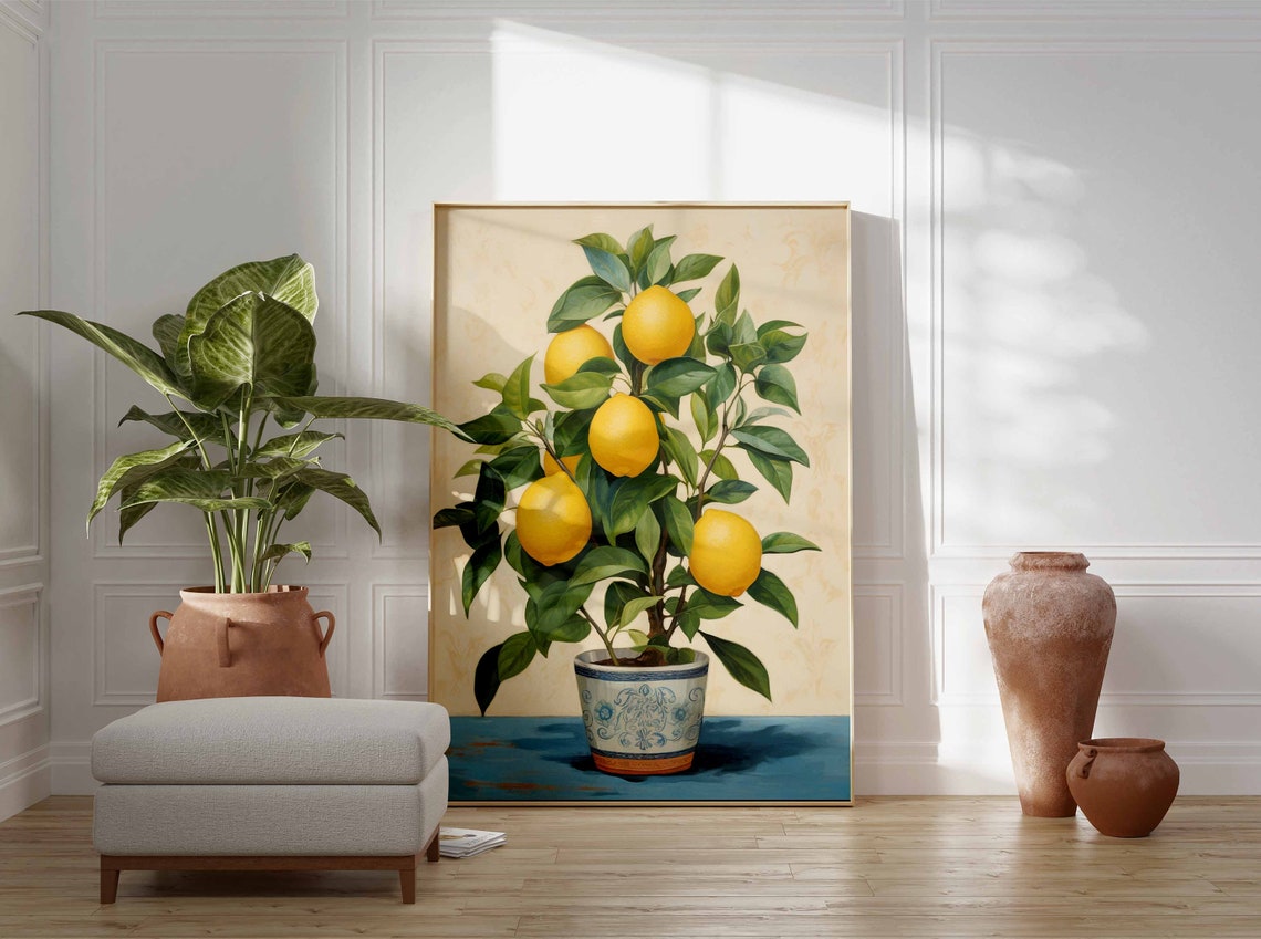 Vintage Cream Potted Lemon Tree Blue Ceramic Pot Botanical Poster - Image 3