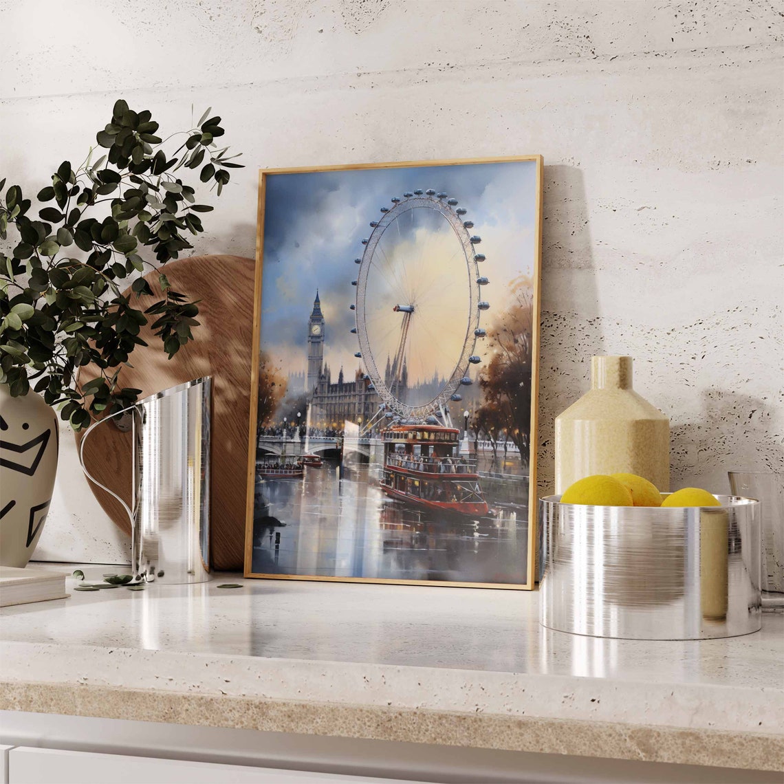 London Eye Watercolor Sunset Poster with Big Ben and Riverboats - Image 2
