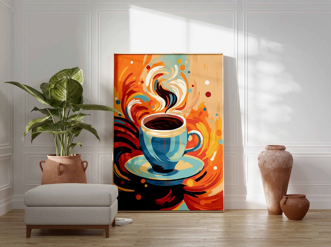Bold Fiery Abstract Blue Coffee Cup Swirling Orange Steam Art Poster - Image 3