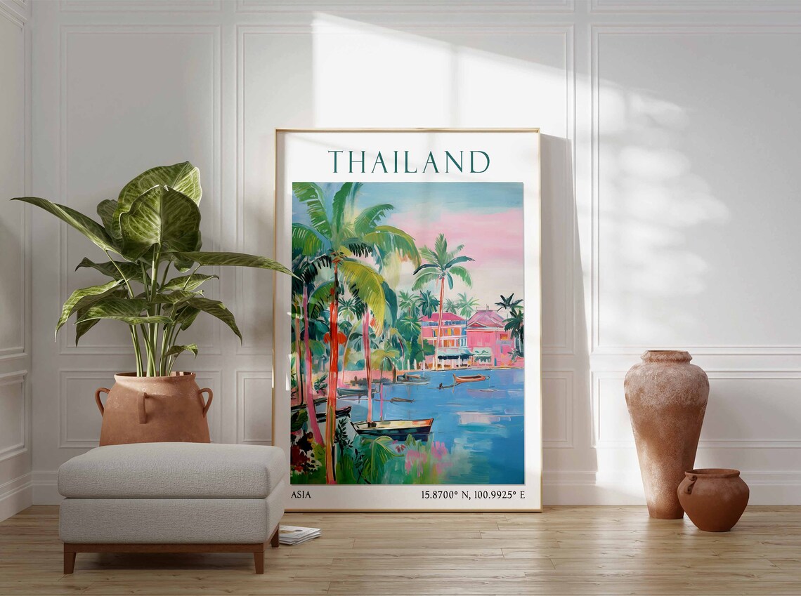 Thailand Palm Lagoon Pink Villa Boats Watercolor Travel Poster - Image 2