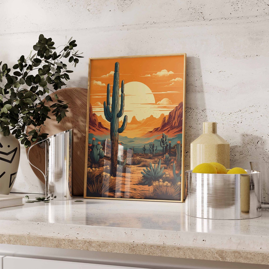 Retro Desert Sunset Poster with Saguaro Cactus and Red Canyon - Image 2