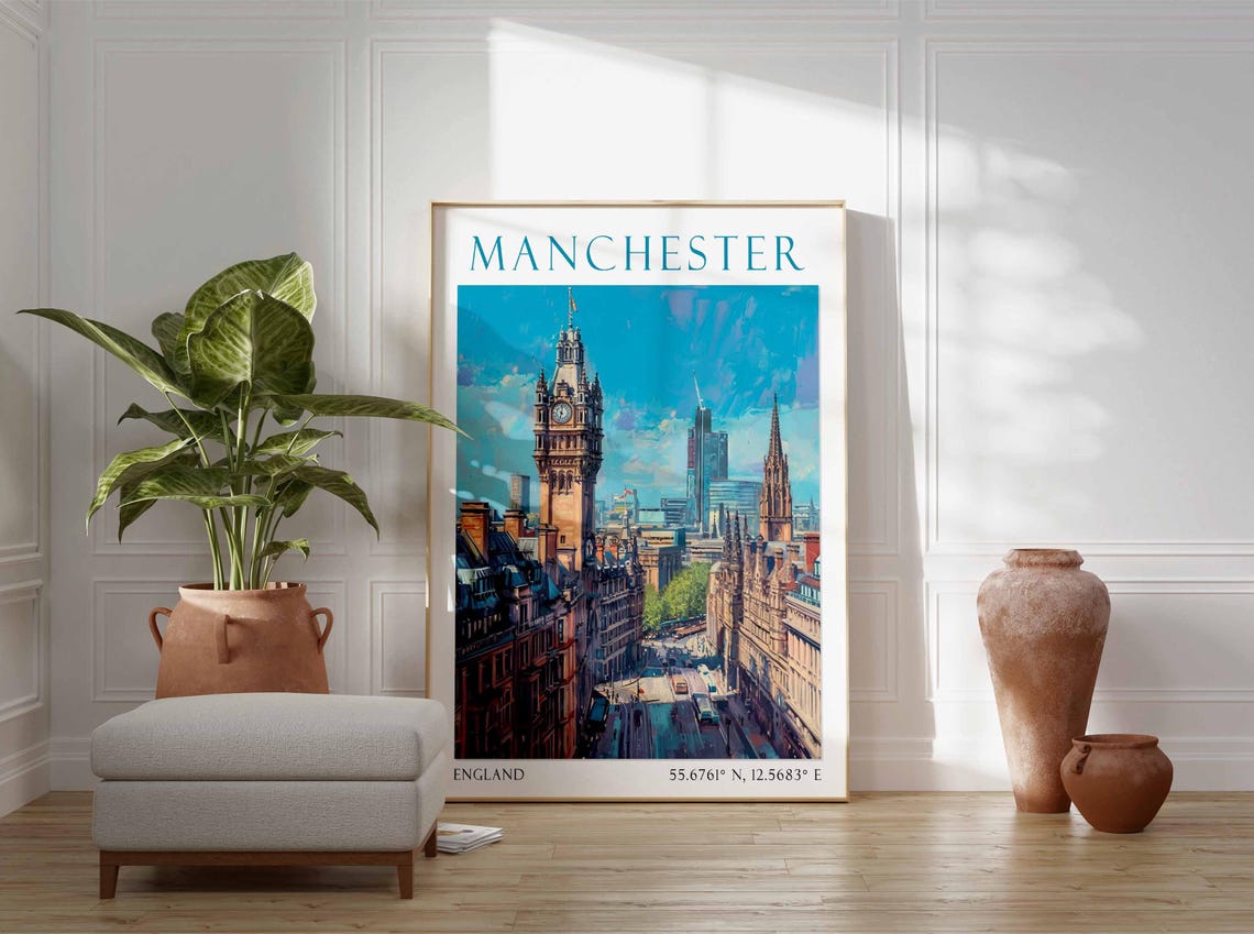 Manchester England Town Hall Street Watercolor Travel Poster - Image 3