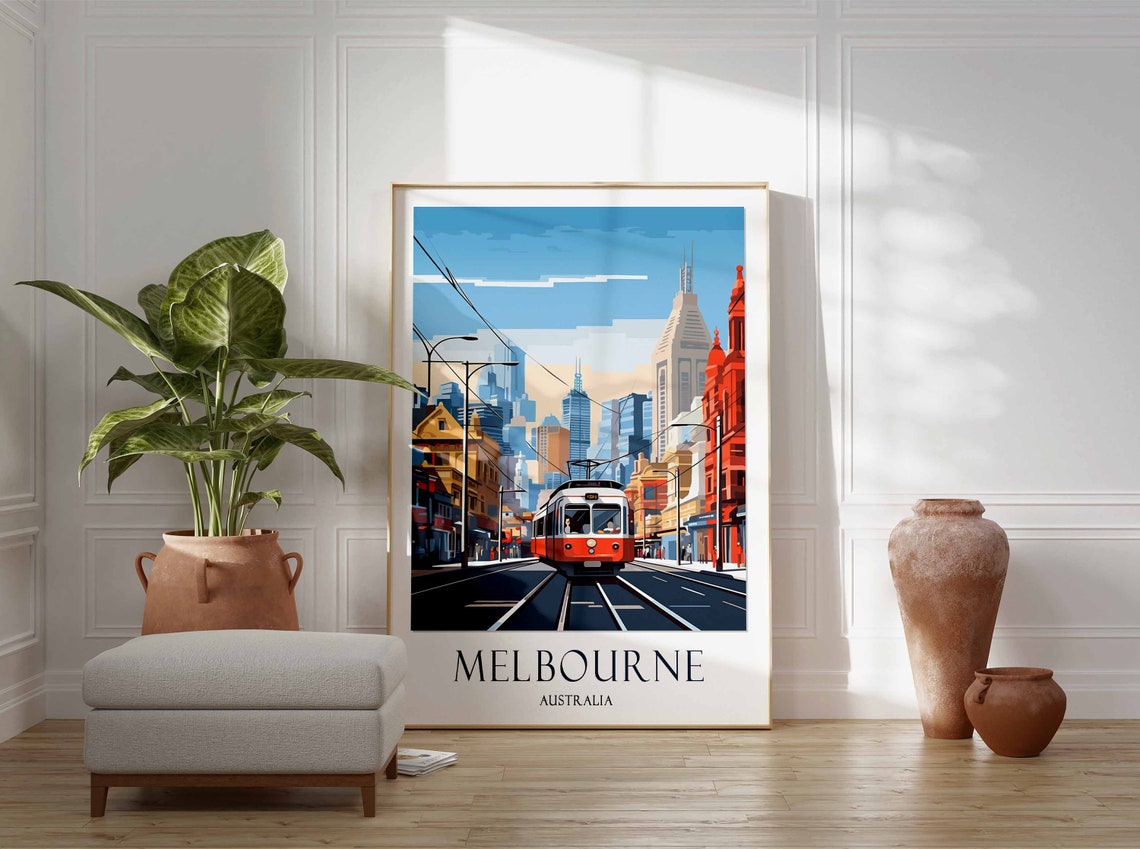 Melbourne Australia Classic Red Tram City Skyline Street Poster - Image 2