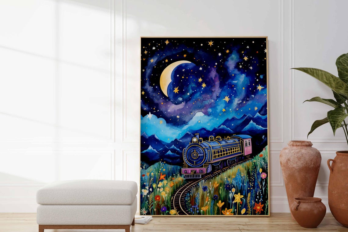 Starry Night Steam Train Under Crescent Moon Mountains Poster - Image 2