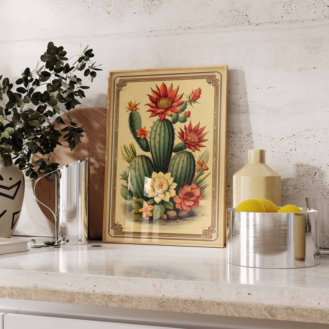 Vintage Cactus Botanical Engraving Red Blossoms Cream Background Print - Image 2