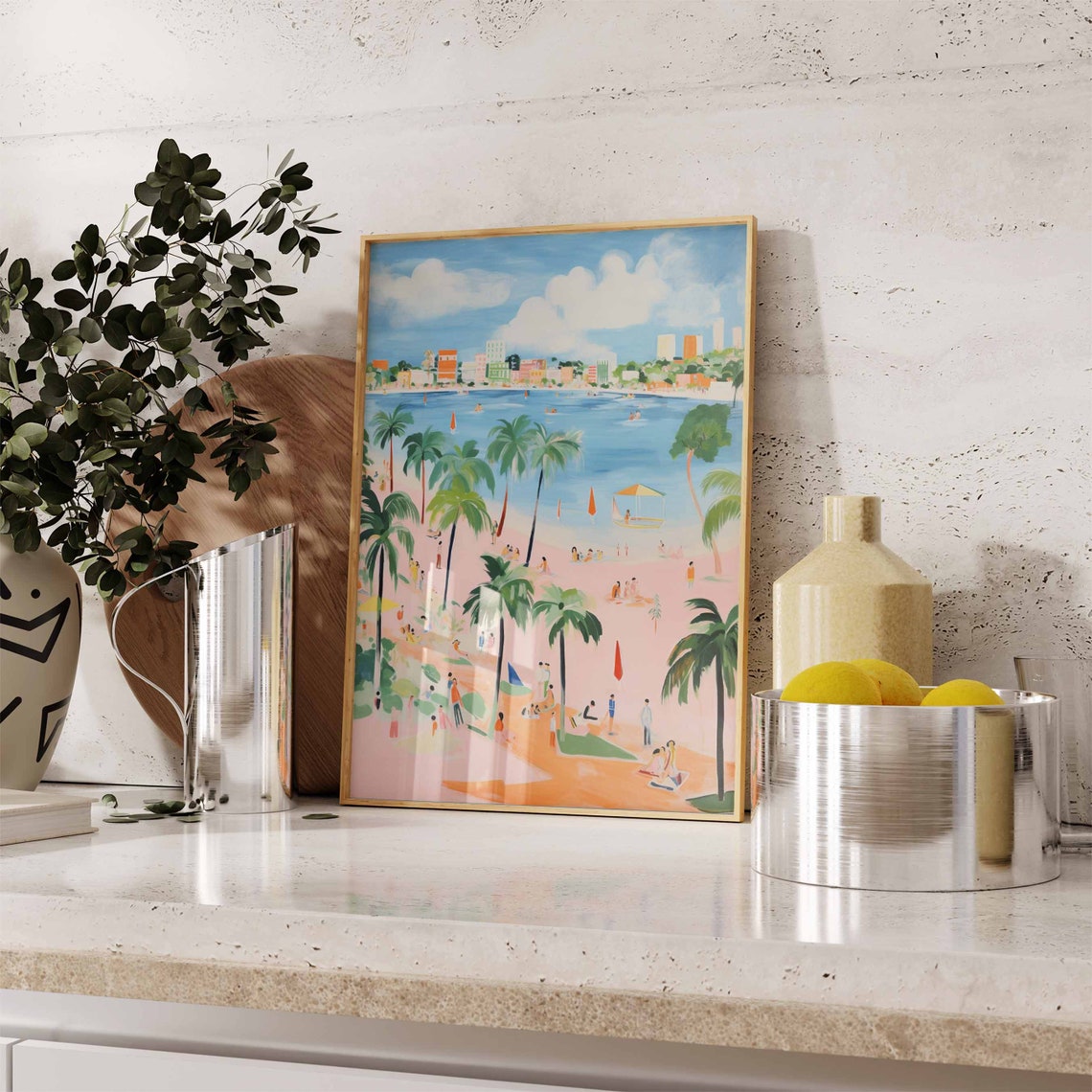 Tall Palm Lined City Beach with a Pink Sand Shoreline Poster - Image 2