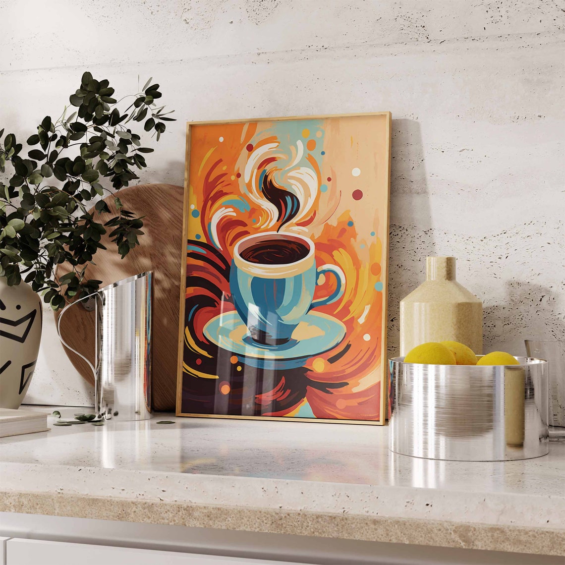 Bold Fiery Abstract Blue Coffee Cup Swirling Orange Steam Art Poster - Image 2