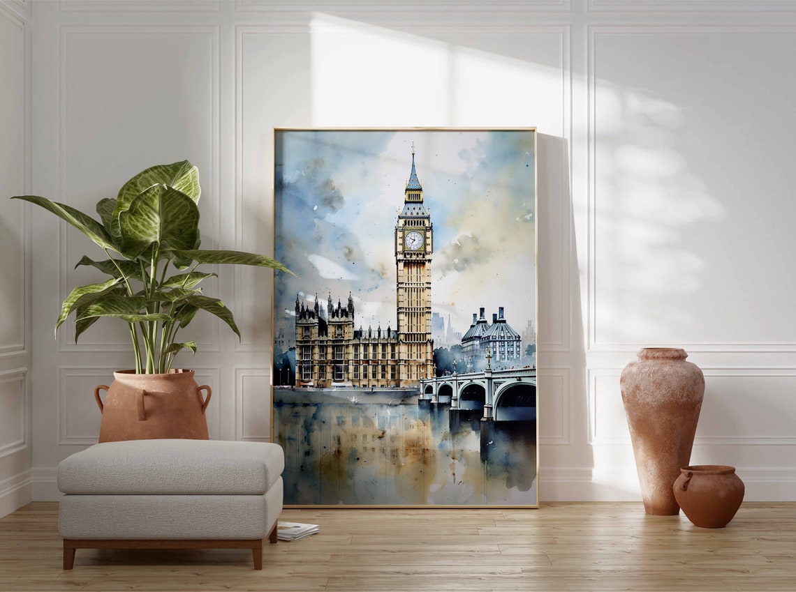 Big Ben and the Houses of Parliament Watercolor London Poster - Image 3