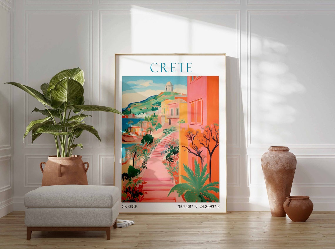 Crete Flower Garden Stairway to Hilltop Church Greece Poster Art - Image 2