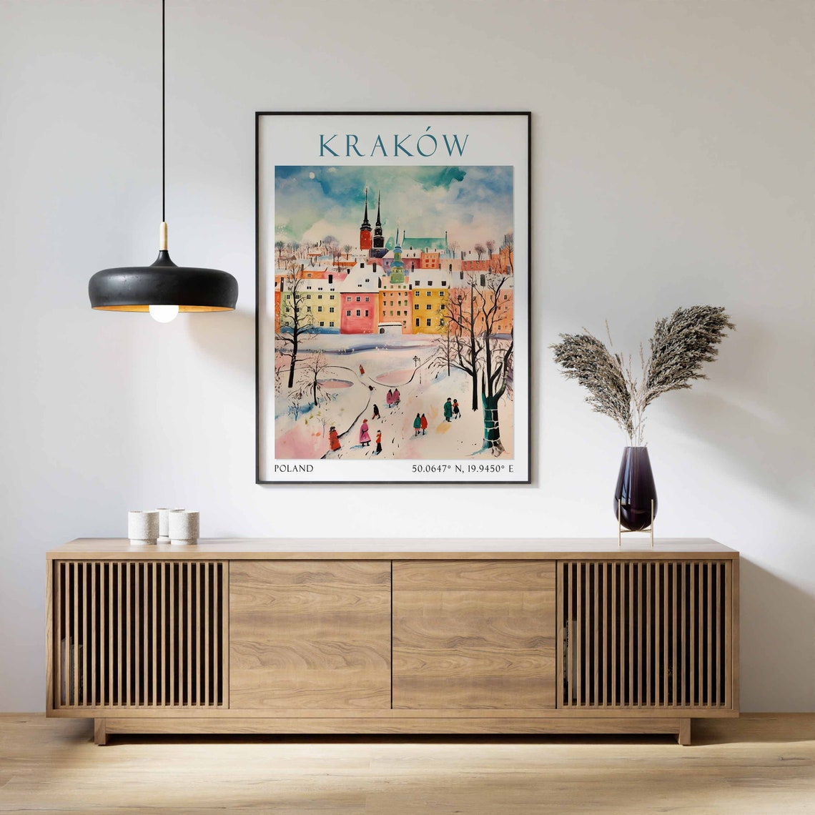 Krakow Poland Travel Poster Winter Snow Old Town Painting Art - Image 3