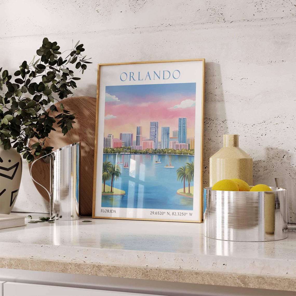 Orlando Florida Lake Skyline Sunset Sailboats Palm Trees Travel Poster - Image 3
