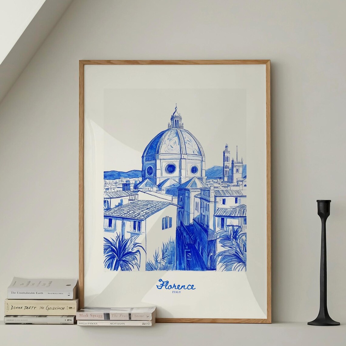 Florence Italy Travel Poster Navy Blue Duomo Cathedral Sketch Art