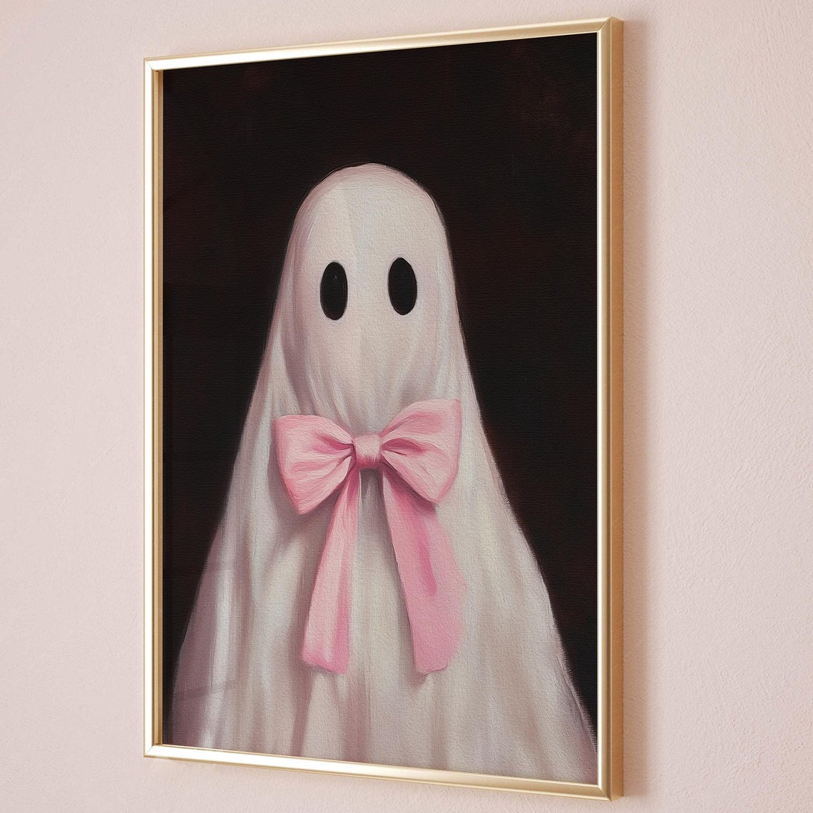 Cute Ghost with a Pink Bow on a Dark Background Painting Poster