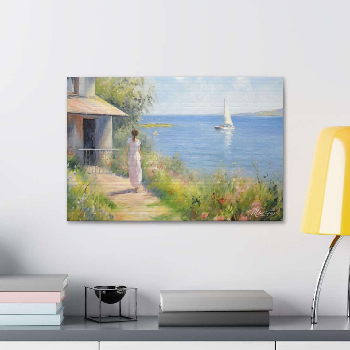 Woman Strolling Toward The Sea With Sailboat Coastal Wall Art