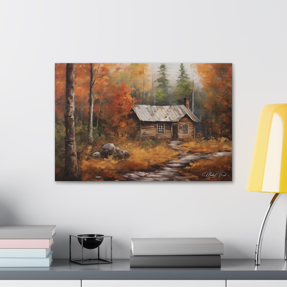 Cozy Log Cabin in Autumn Woods by Stream Fall Foliage Poster