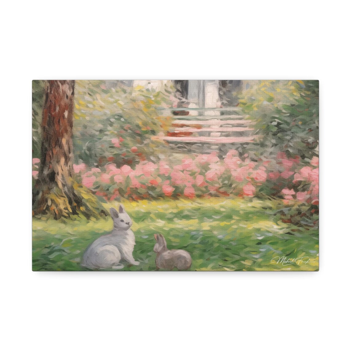 Two Rabbits Relaxing In A Flower Garden By A Cottage Wall Art - Image 2