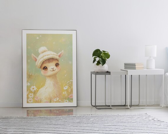 Adorable Llama In Knit Hat In Wildflower Meadow Nursery Poster