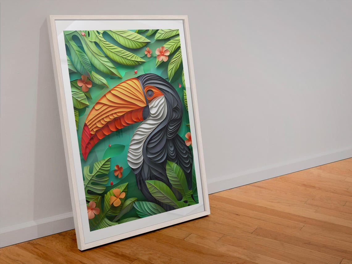 Paper Cut Toucan With Tropical Leaves Jungle Bird Art Poster