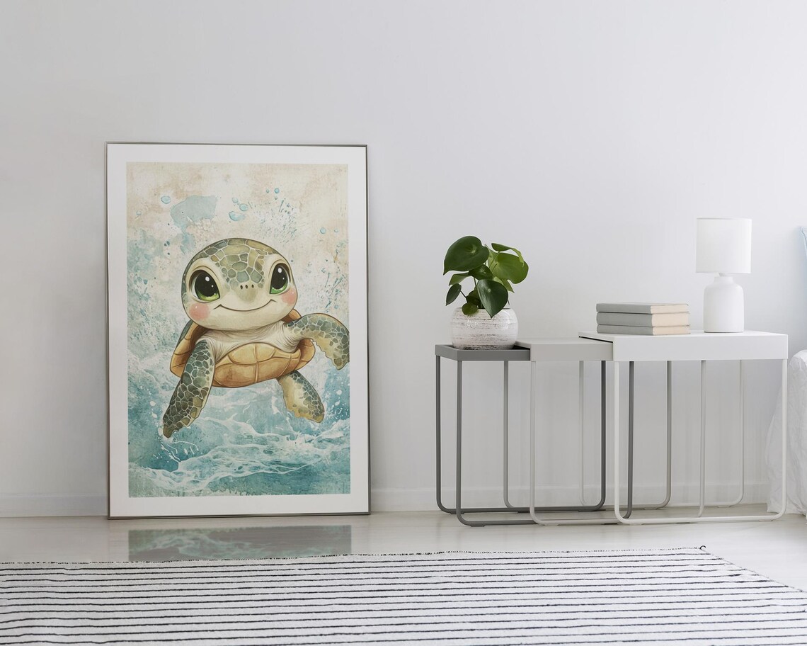 Cute Baby Sea Turtle Watercolor Ocean Nursery Kids Animal Poster - Image 2