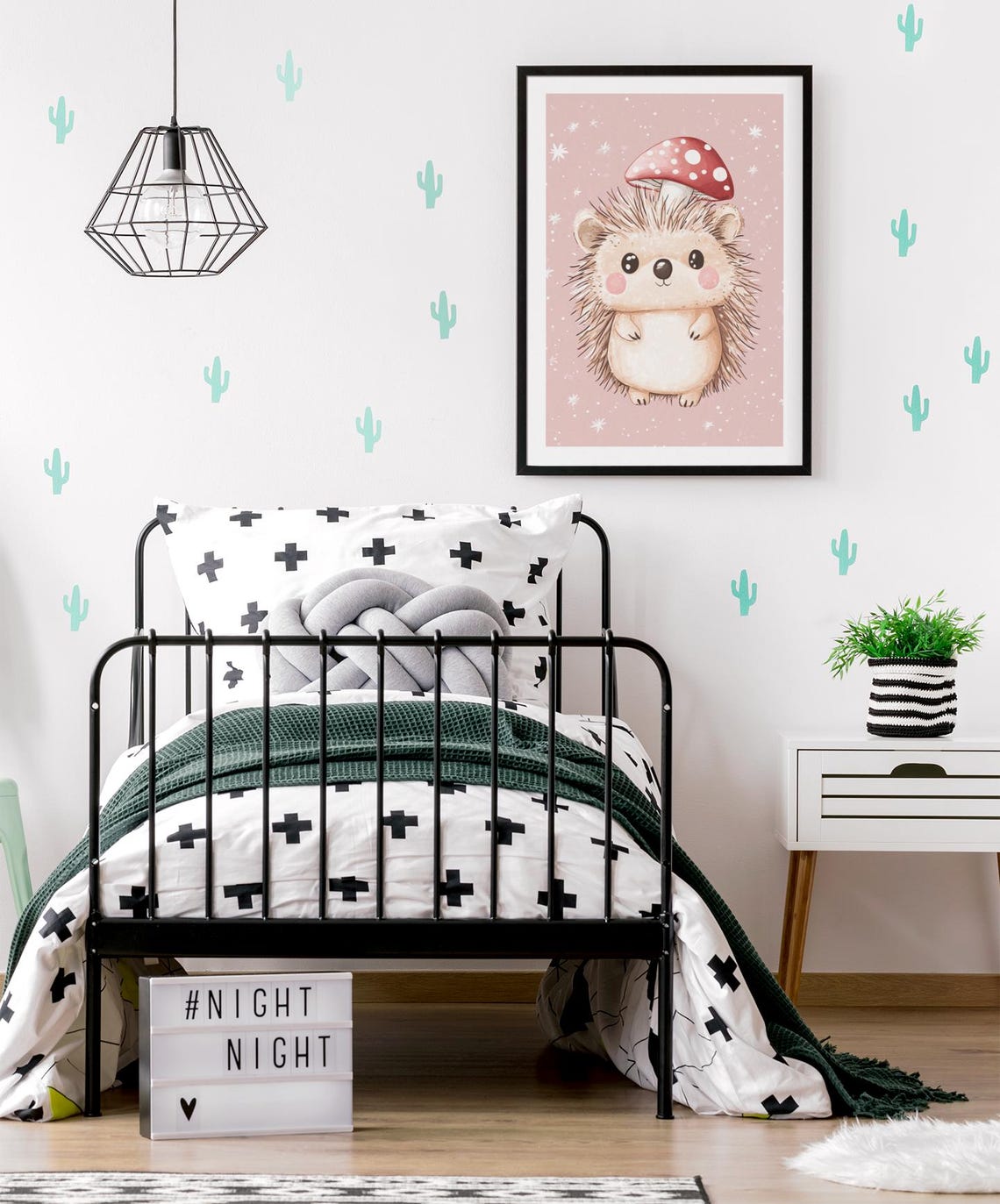 Cute Hedgehog With Mushroom Cap Sparkling Pink Nursery Poster - Image 2