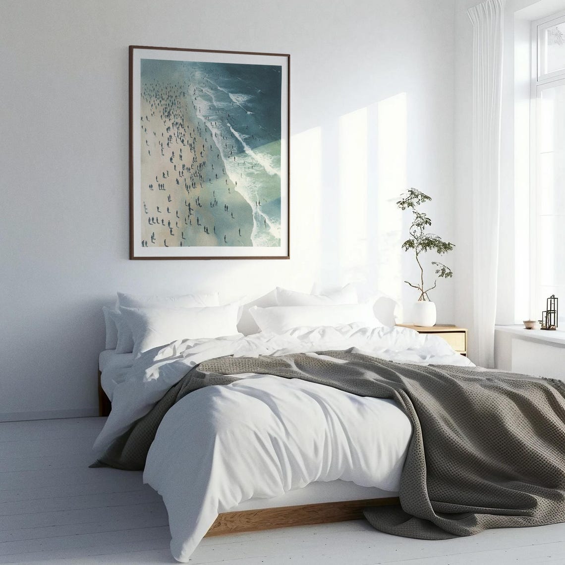Aerial Crowded Beach Teal Waves Minimalist Coastal Photo Poster - Image 2