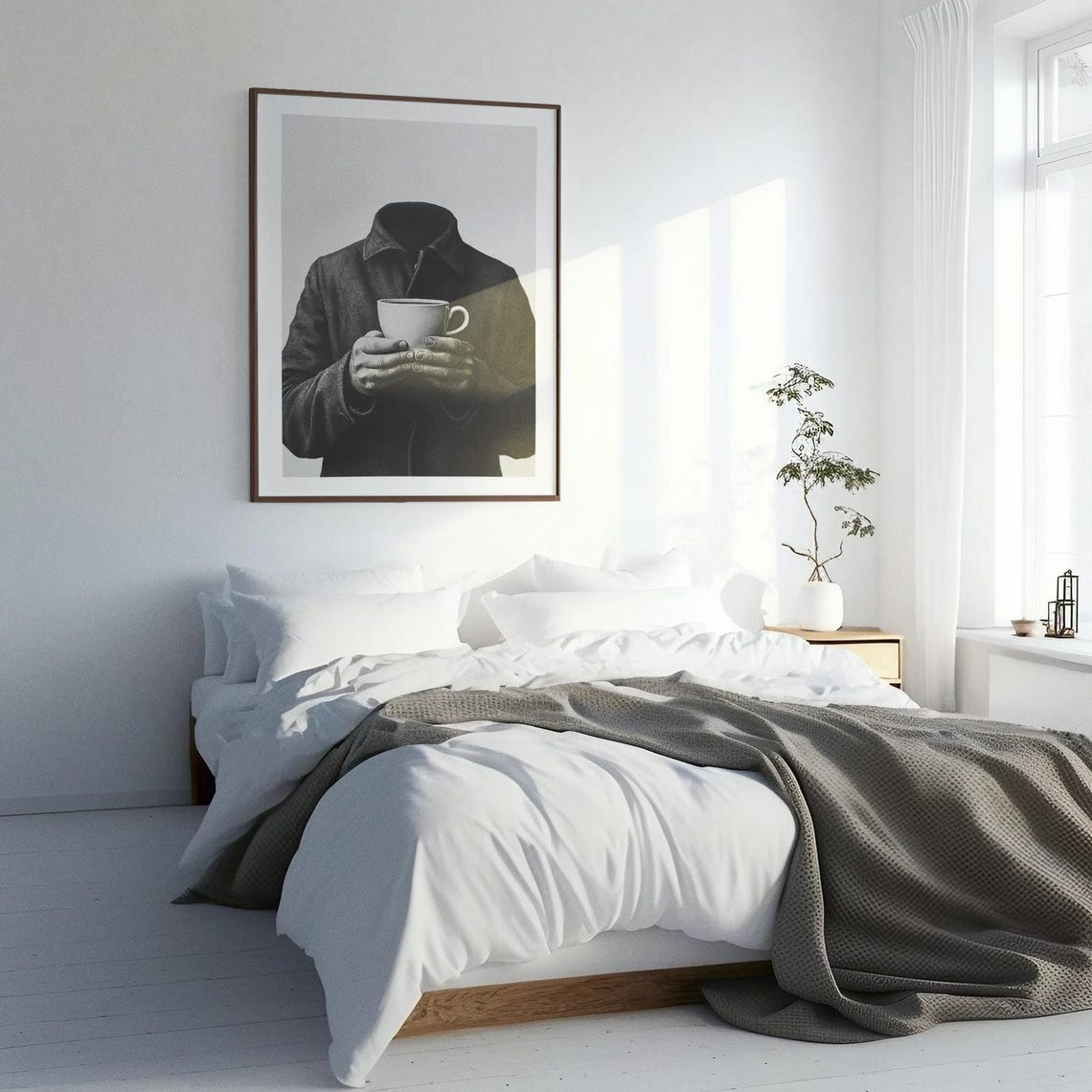 Headless Figure Holding Coffee Cup Surreal Black White Art Poster - Image 4