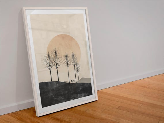 Minimalist Sunset Wall Art Print Silhouette Landscape Poster Modern Home Decor Peach Sun Art Serene Nature Decor