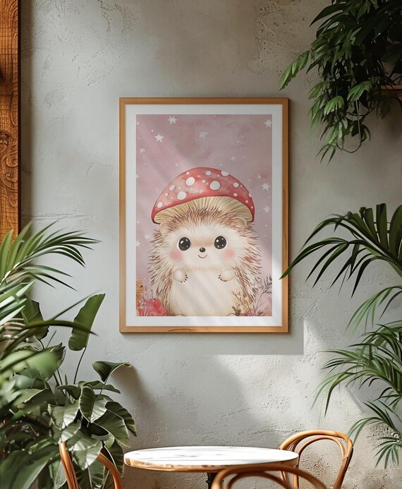 Adorable Hedgehog With Mushroom Hat Pink Starry Nursery Poster