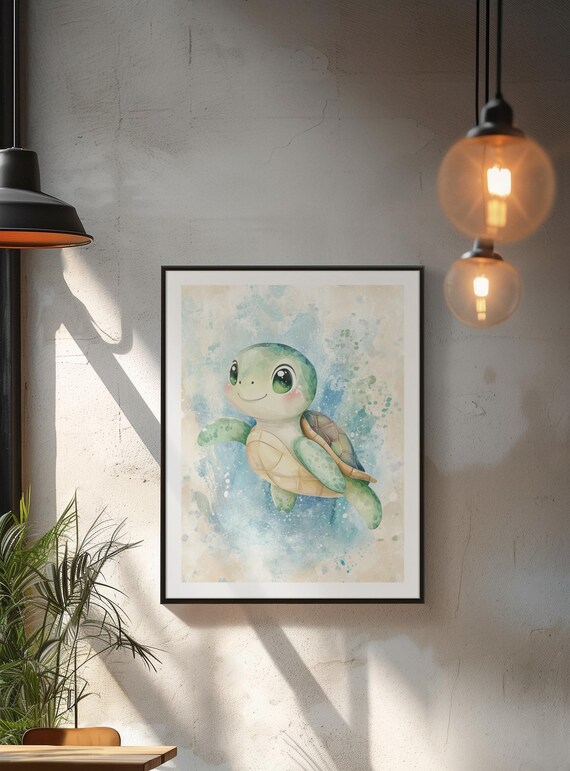 Cute Baby Sea Turtle Kawaii Watercolor Ocean Nursery Art Poster
