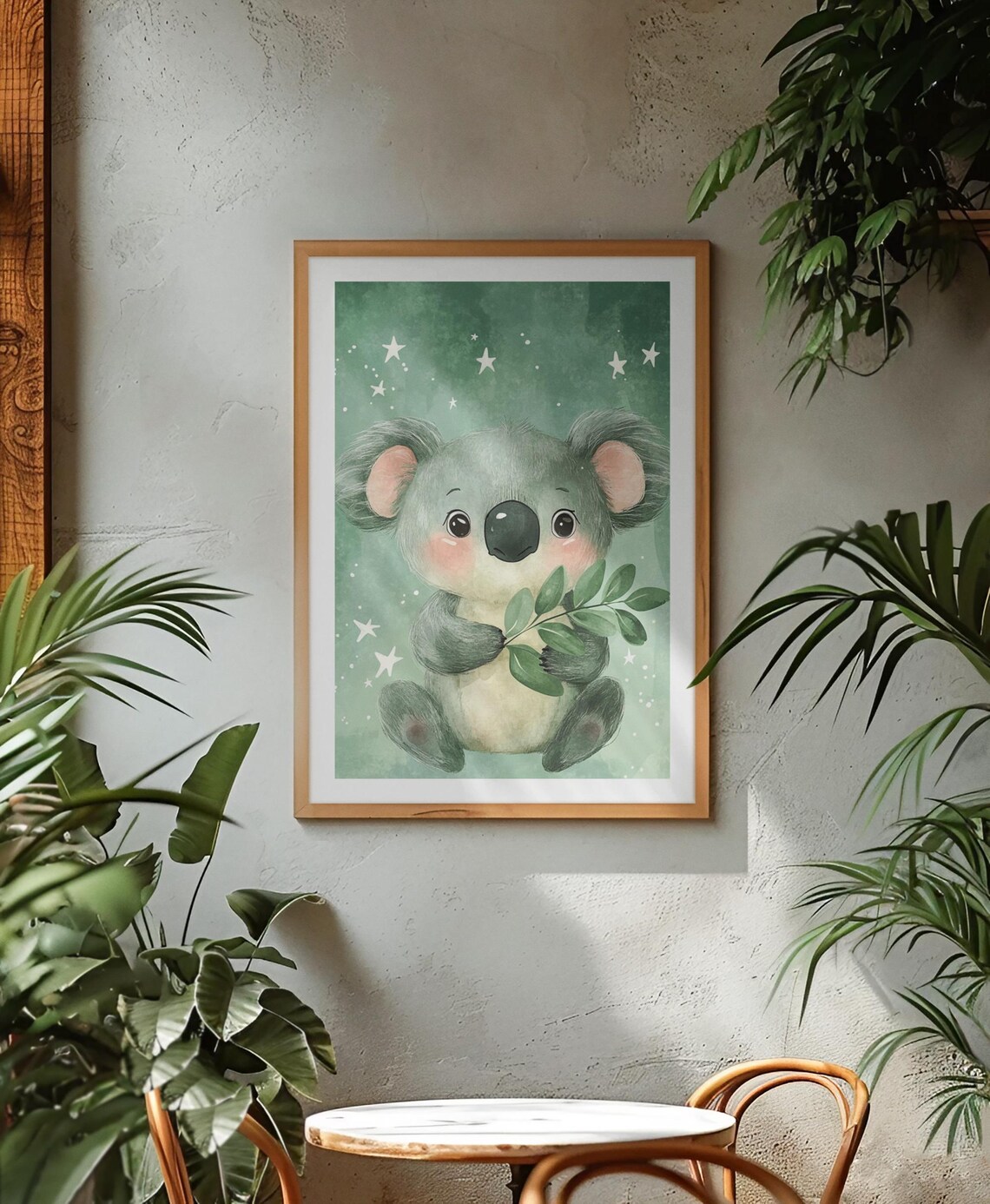 Cute Koala Holding Eucalyptus Starry Green Nursery Art Poster