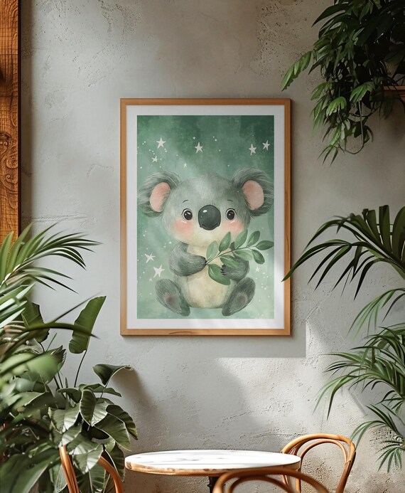 Cute Koala Holding Eucalyptus Starry Green Nursery Art Poster
