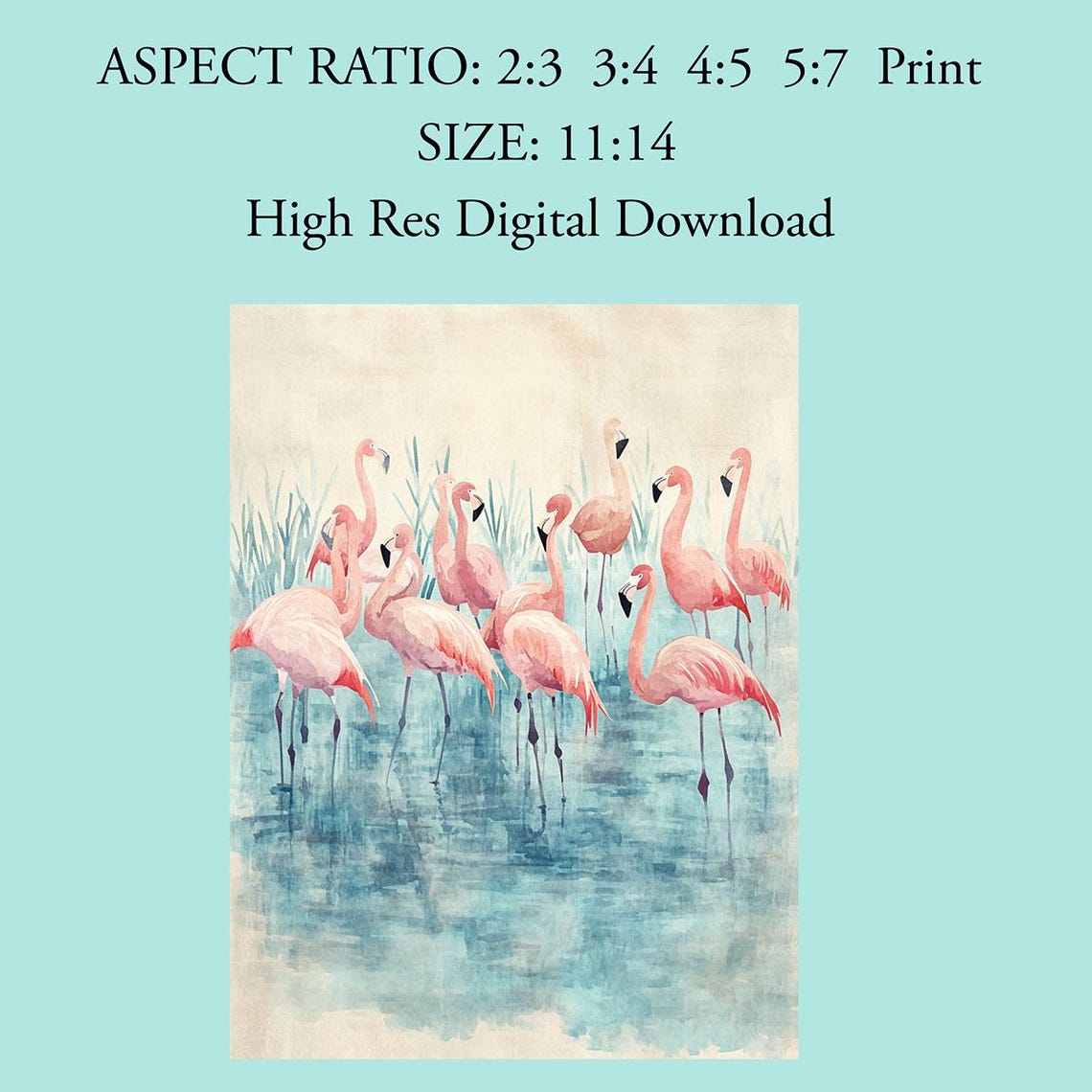 Pink Flamingo Flock in Turquoise Water Watercolor Nature Poster - Image 4
