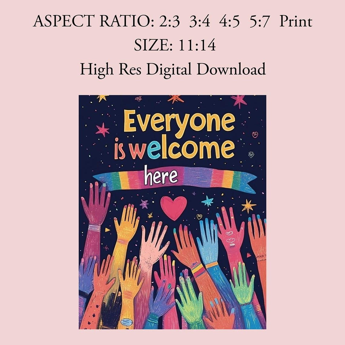 Everyone Is Welcome Here Starry Night Colorful Raised Hands Poster - Image 3