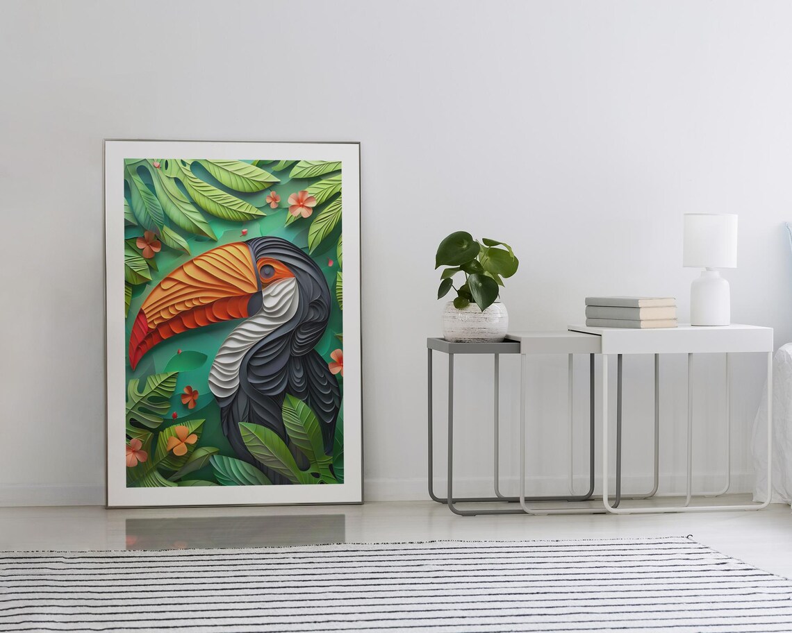 Paper Cut Toucan With Tropical Leaves Jungle Bird Art Poster - Image 2