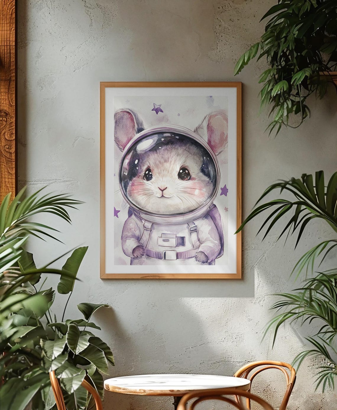 Whimsical Astronaut Mouse In Helmet Purple Stars Nursery Poster