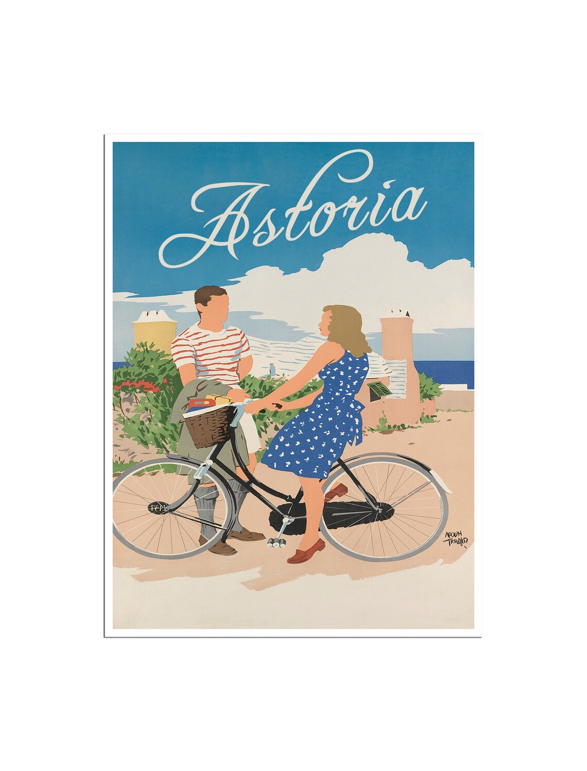 Astoria Oregon Vintage Bicycle Couple Coastal Town Travel Poster