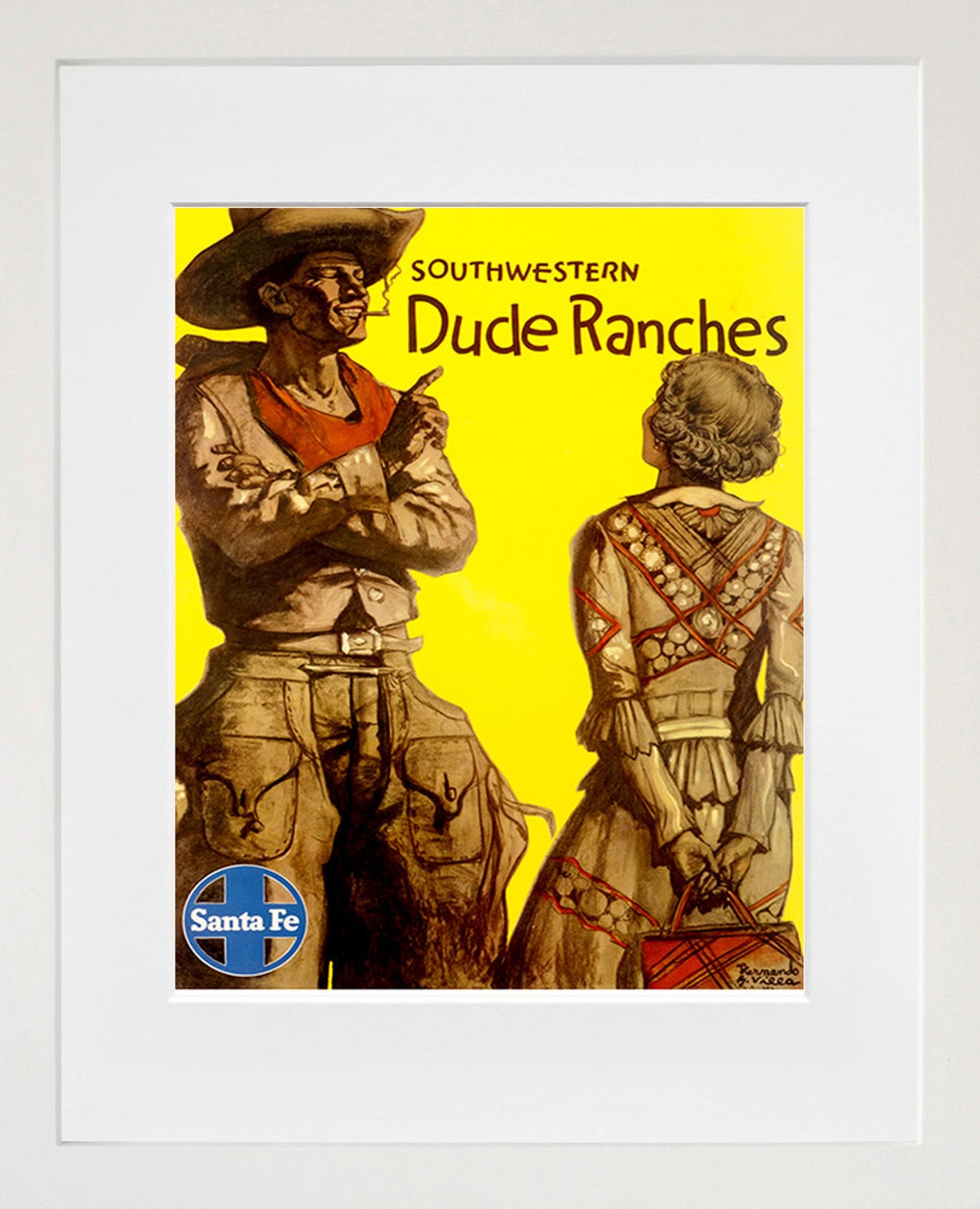 Southwestern Dude Ranches Santa Fe Railroad Cowboy Vintage Poster